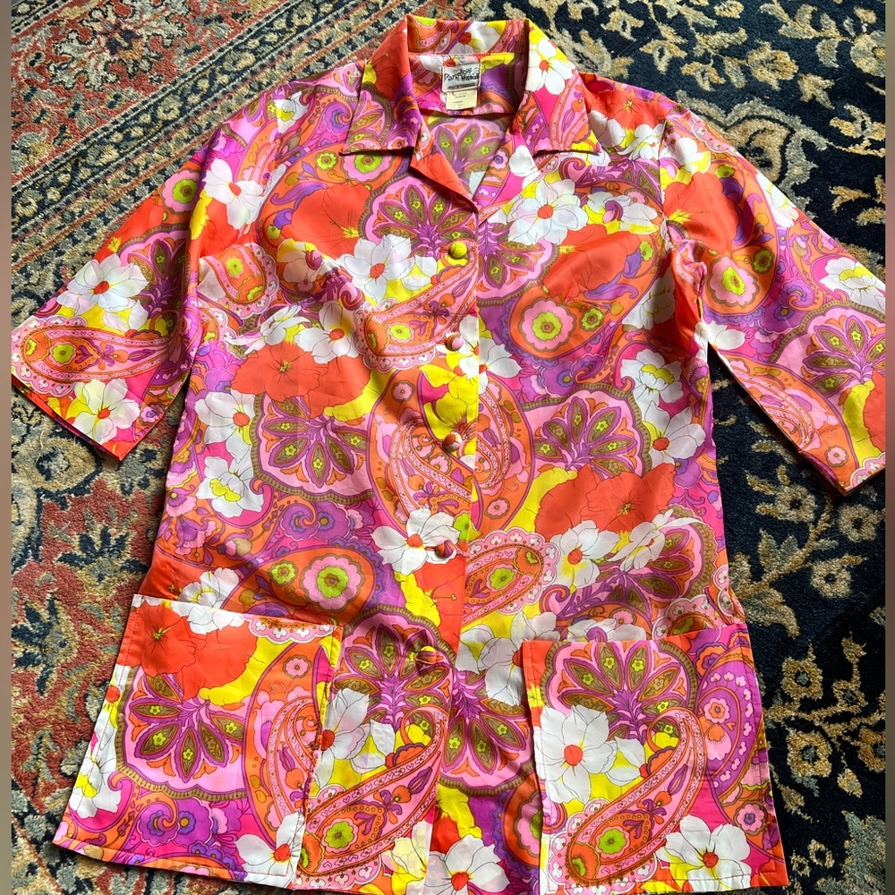 Paradise Hawaii Vintage 1970’s Button Up Tunic Size 14 Made in Honolulu Vibrant